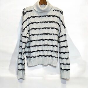 Joie Alpine Pattern Striped Cable Knit Pullover Sweater Cream Black Size L